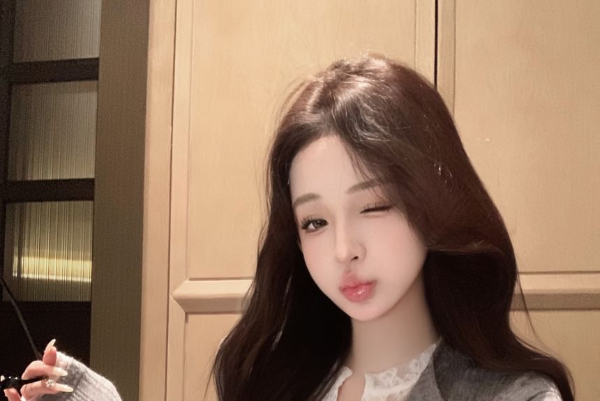 Ribbed Cardigan Lace Mock Trim Plain Two-Piece Fit Slim