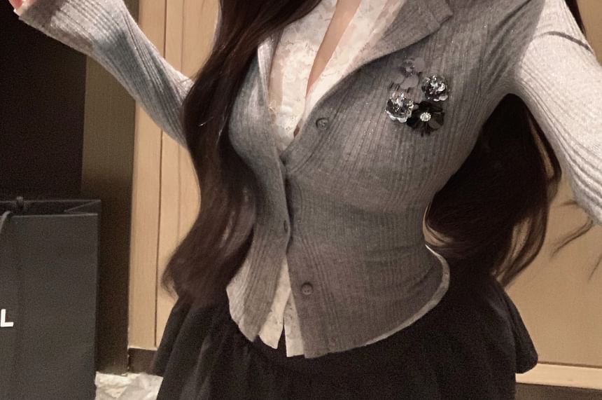 Ribbed Cardigan Lace Mock Trim Plain Two-Piece Fit Slim