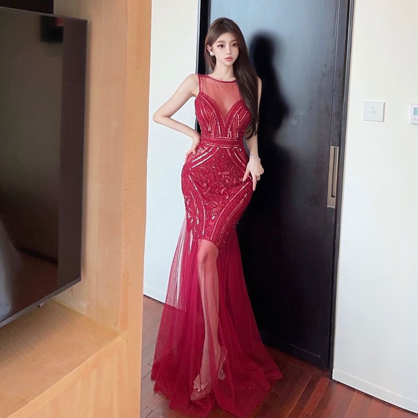 Sleeveless Crew Neck Sequin Sheer Panel Open Back Mermaid Evening Gown