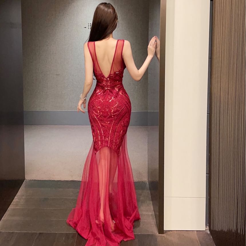 Sleeveless Crew Neck Sequin Sheer Panel Open Back Mermaid Evening Gown