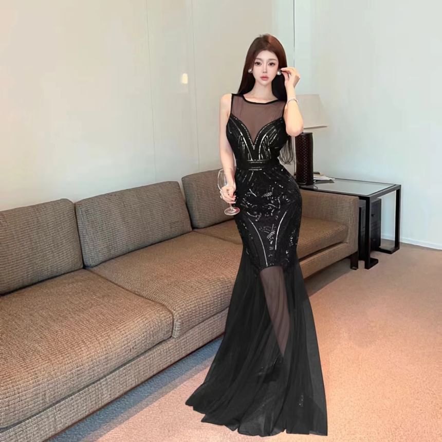 Sleeveless Crew Neck Sequin Sheer Panel Open Back Mermaid Evening Gown