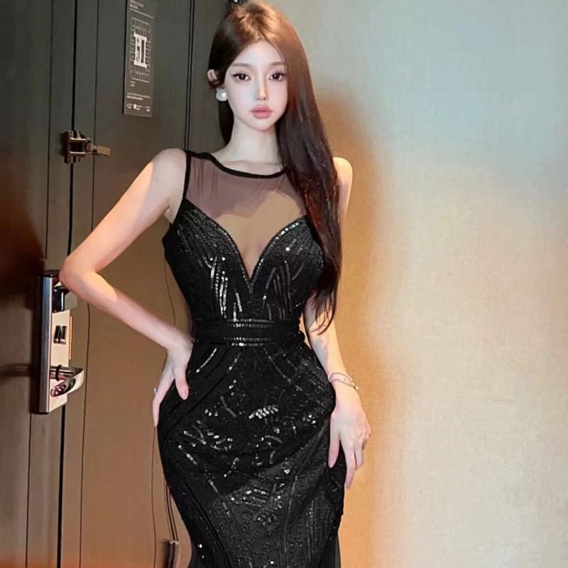 Sleeveless Crew Neck Sequin Sheer Panel Open Back Mermaid Evening Gown