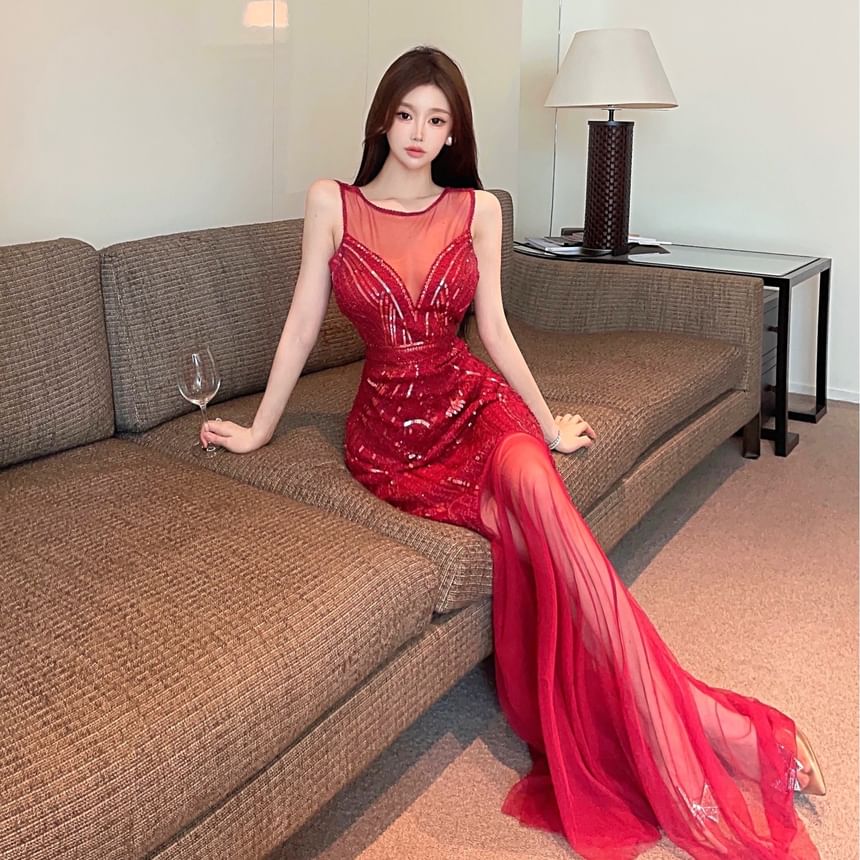 Sleeveless Crew Neck Sequin Sheer Panel Open Back Mermaid Evening Gown