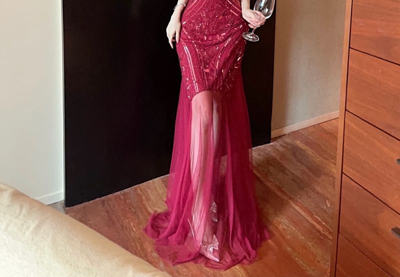 Sleeveless Crew Neck Sequin Sheer Panel Open Back Mermaid Evening Gown