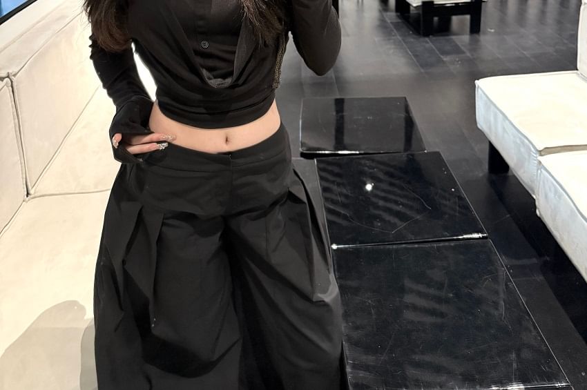 / Plain Tee Inverted Collar Low Wide Pleated Leg Long-Sleeve Cropped Rise Pants