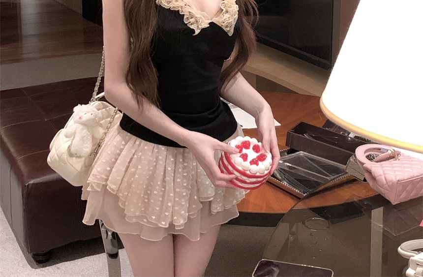 Neck Mid Scoop Rise Skirt Mini Lace Trim / A-Line Halter Dotted Asymmetrical Top Plain