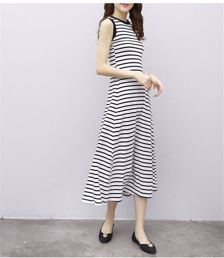 A-Line Midi Tank Dress Striped Crew Neck