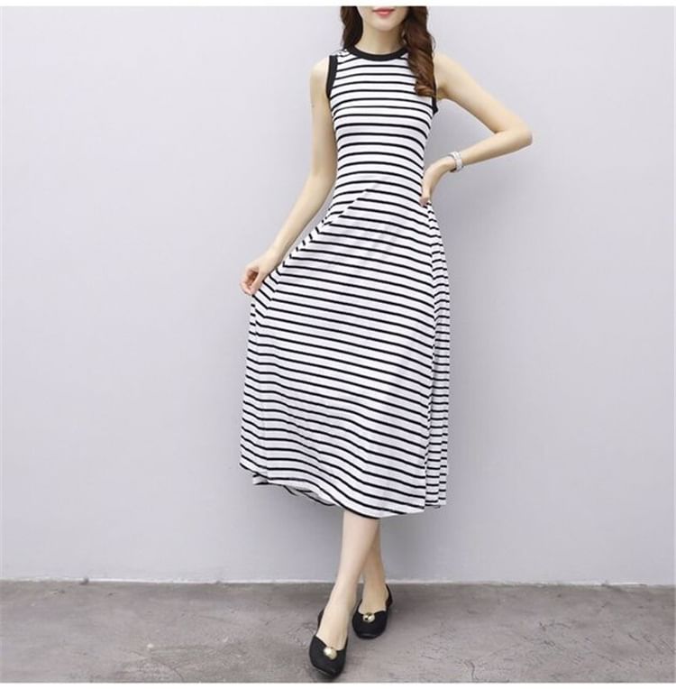 A-Line Midi Tank Dress Striped Crew Neck