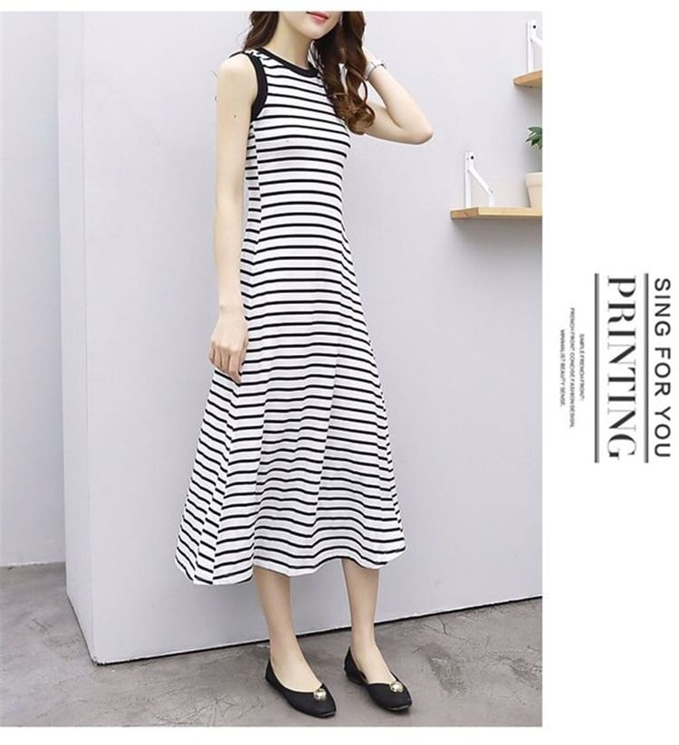 A-Line Midi Tank Dress Striped Crew Neck