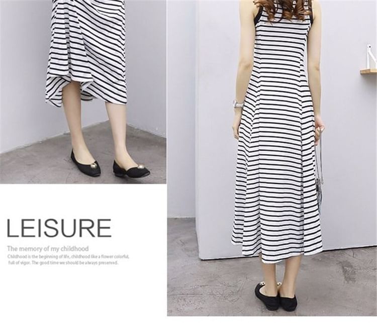 A-Line Midi Tank Dress Striped Crew Neck