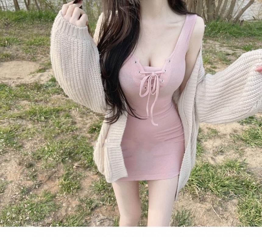 Mini Dress Sleeveless Bodycon Plain Lace-Up