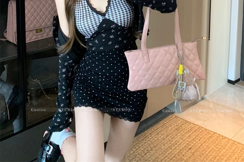 Dress Crop Mini Print Cardigan Plaid / Cami Top Floral Panel