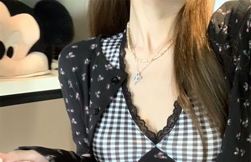 Dress Crop Mini Print Cardigan Plaid / Cami Top Floral Panel