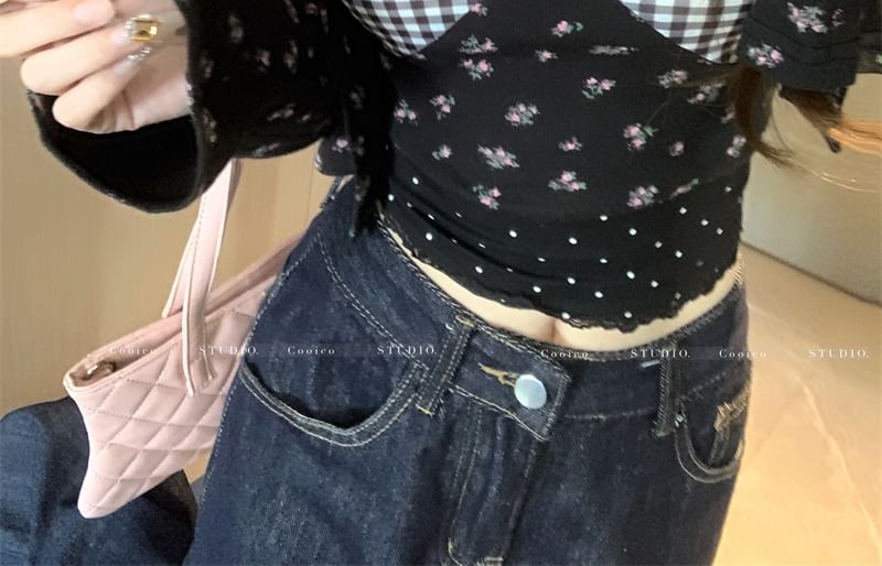 Dress Crop Mini Print Cardigan Plaid / Cami Top Floral Panel