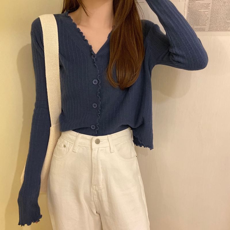 Plain V-Neck Cardigan Knit Cropped Ribbed