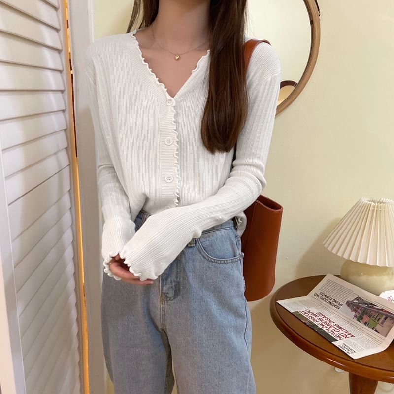 Plain V-Neck Cardigan Knit Cropped Ribbed