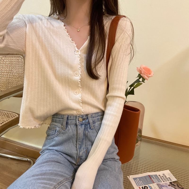 Plain V-Neck Cardigan Knit Cropped Ribbed