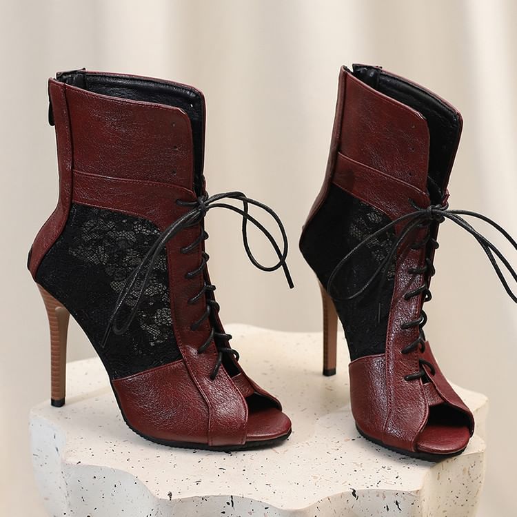 Peep-Toe Panel Heel Sandals Lace High