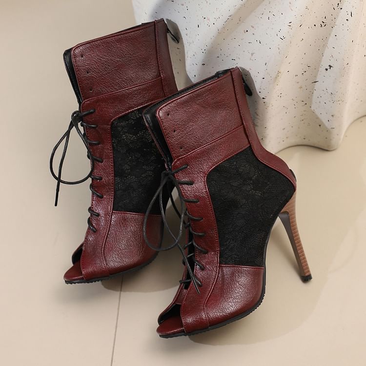 Peep-Toe Panel Heel Sandals Lace High