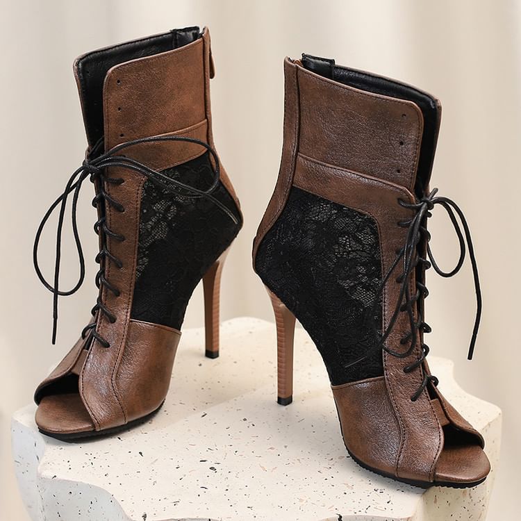 Peep-Toe Panel Heel Sandals Lace High