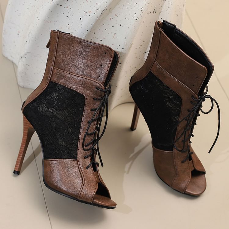 Peep-Toe Panel Heel Sandals Lace High