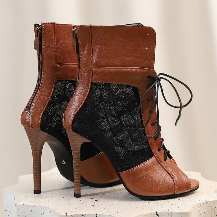 Peep-Toe Panel Heel Sandals Lace High