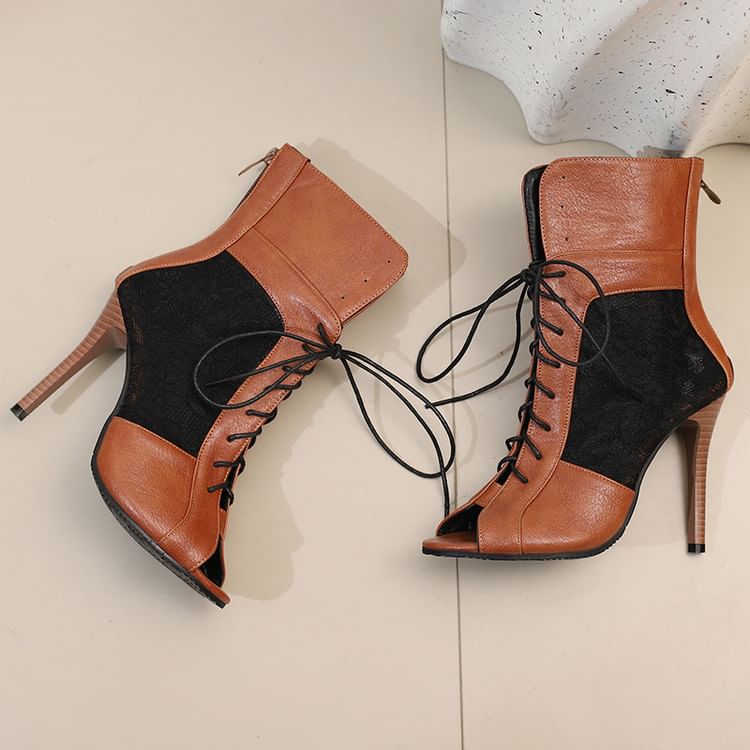 Peep-Toe Panel Heel Sandals Lace High