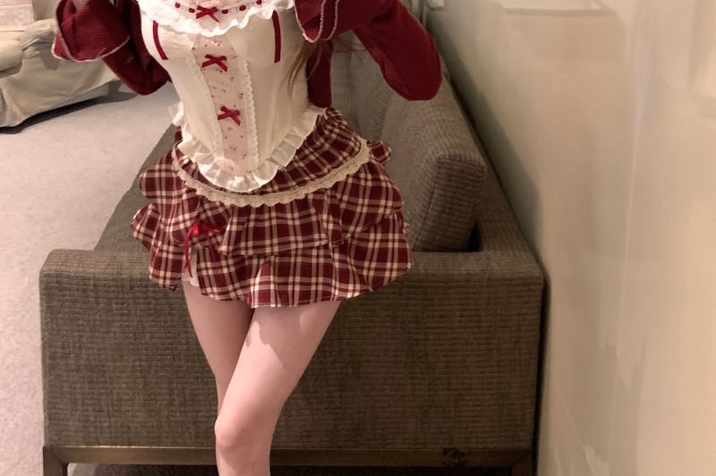 Panel Ruffle Plaid Skirt Print Mini Sleeveless Top High / Striped Bow Cardigan Waist Floral A-Line