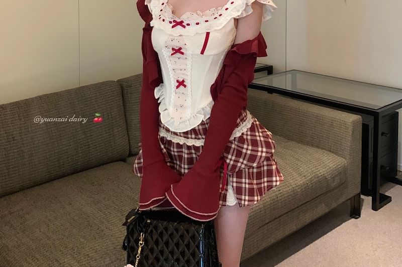 Panel Ruffle Plaid Skirt Print Mini Sleeveless Top High / Striped Bow Cardigan Waist Floral A-Line