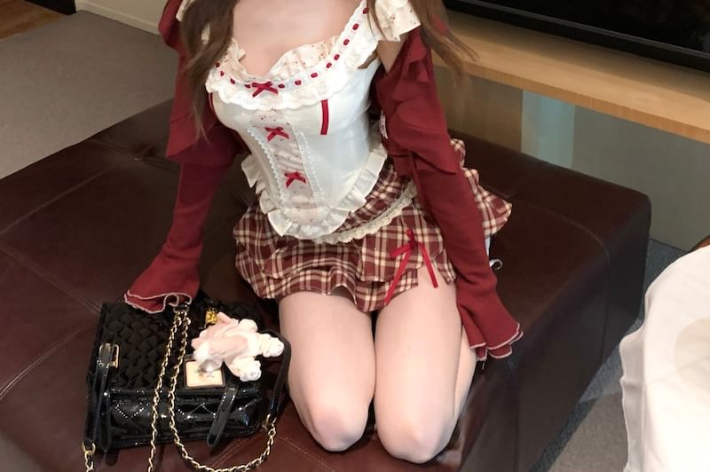 Panel Ruffle Plaid Skirt Print Mini Sleeveless Top High / Striped Bow Cardigan Waist Floral A-Line