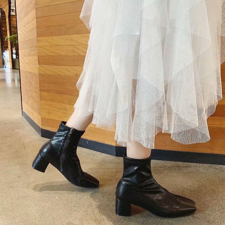 Plain Square Short Heel Chunky Toe Zip-Up Boots