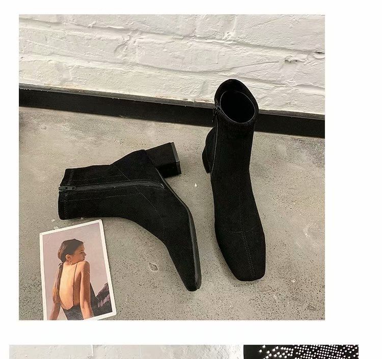 Plain Square Short Heel Chunky Toe Zip-Up Boots