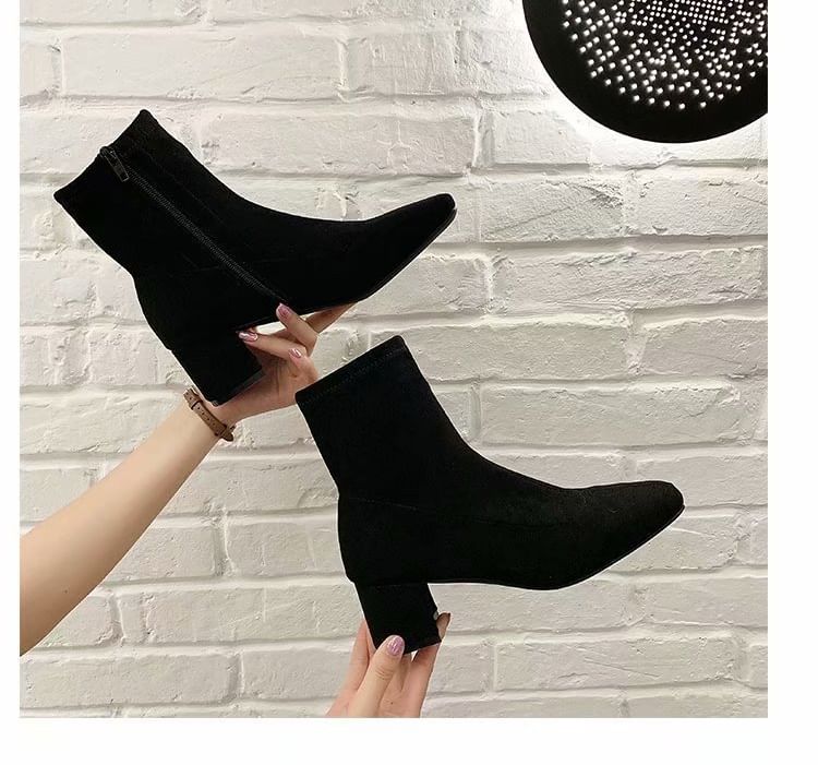 Plain Square Short Heel Chunky Toe Zip-Up Boots