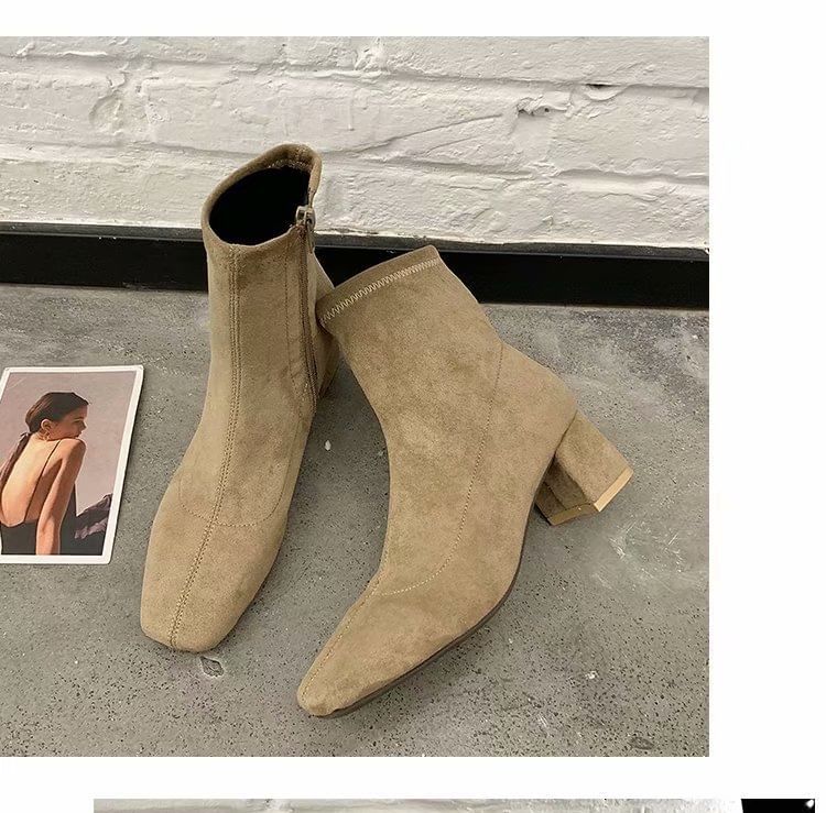 Plain Square Short Heel Chunky Toe Zip-Up Boots