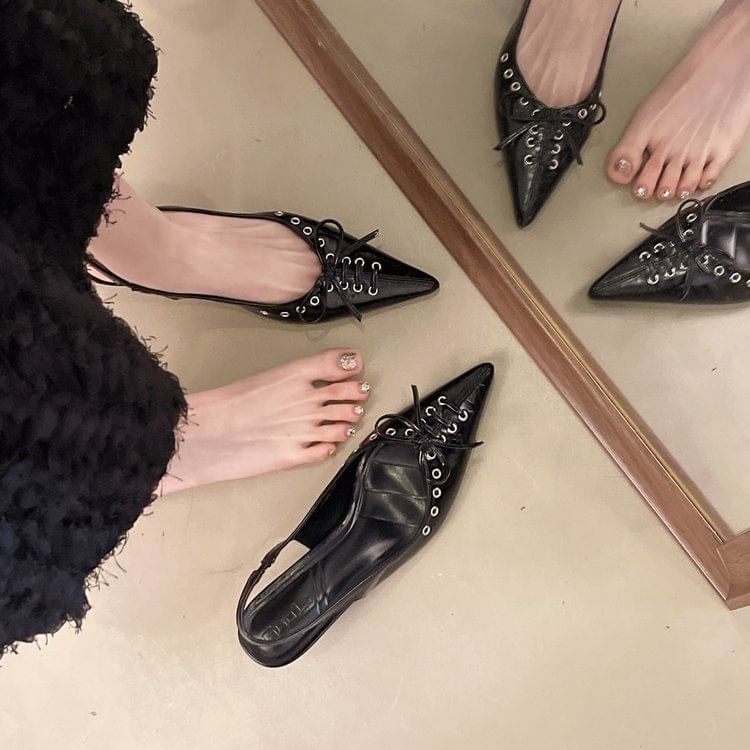 Faux Heel Slingback Sandals Kitten Pointed Leather Toe