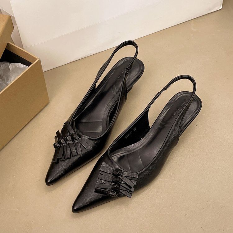 Faux Heel Slingback Sandals Kitten Pointed Leather Toe