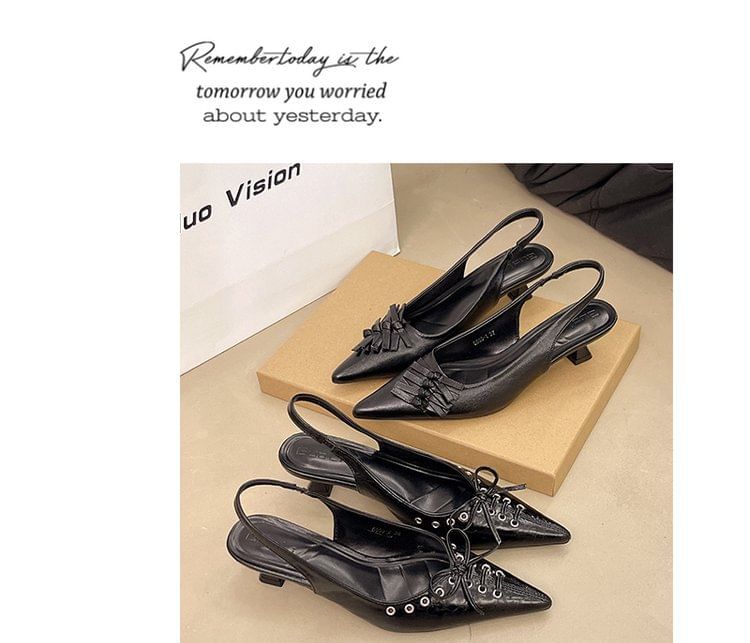 Faux Heel Slingback Sandals Kitten Pointed Leather Toe