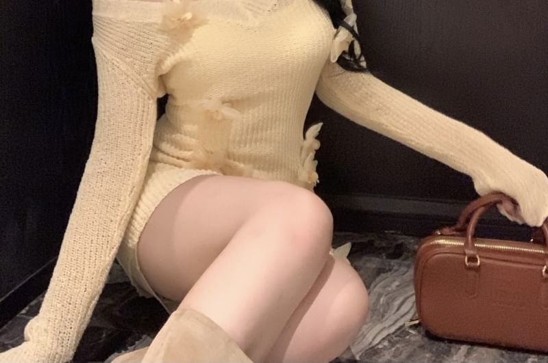 / Slip Accent Neck Mini Dress Sheath Knit V Flower Long-Sleeve