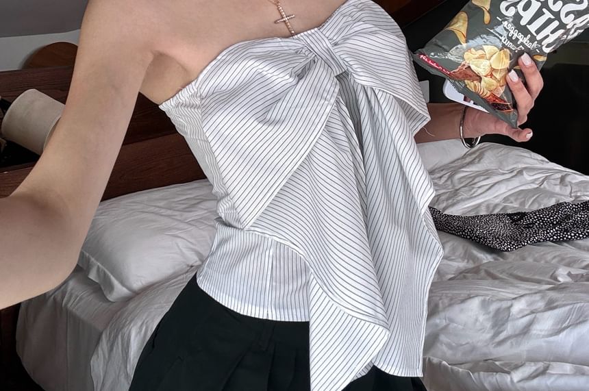 Crop Accent / Striped Tube Waist Leg Bow Wide Pants High Top Plain