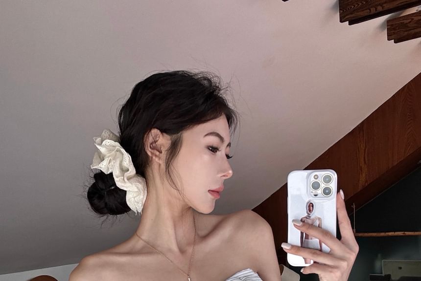 Crop Accent / Striped Tube Waist Leg Bow Wide Pants High Top Plain