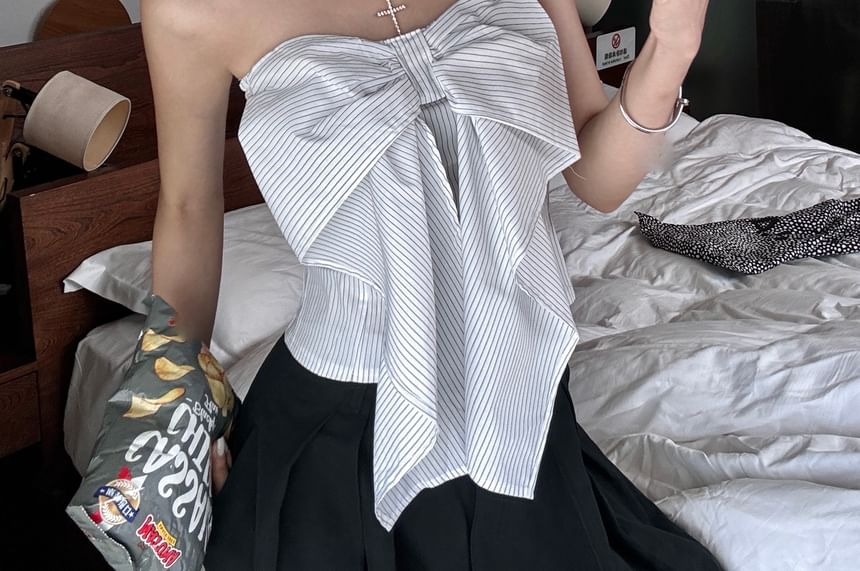 Crop Accent / Striped Tube Waist Leg Bow Wide Pants High Top Plain