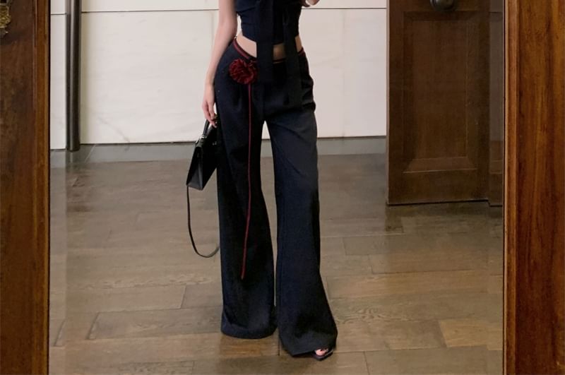 Plain Wide Leg Pants Crop Tone Tie Front Top Waist / Two Low Tube