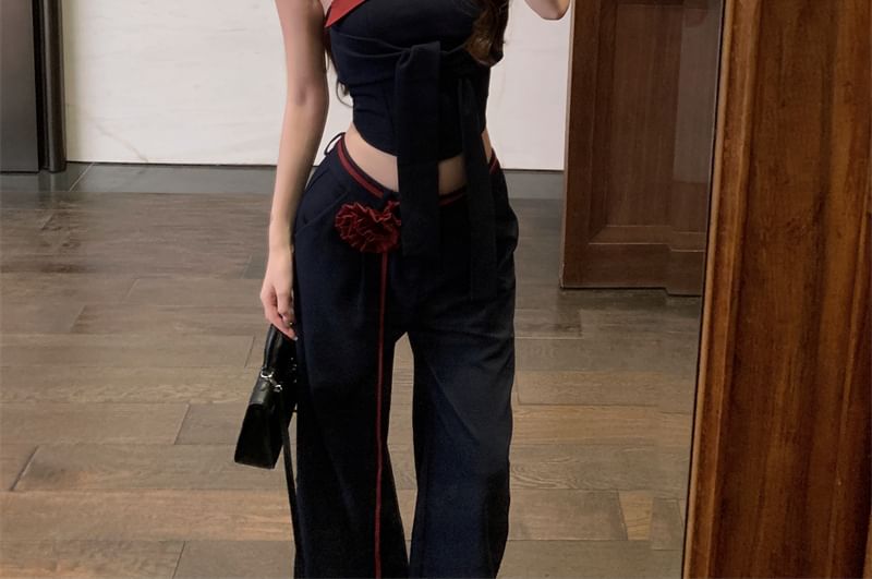 Plain Wide Leg Pants Crop Tone Tie Front Top Waist / Two Low Tube