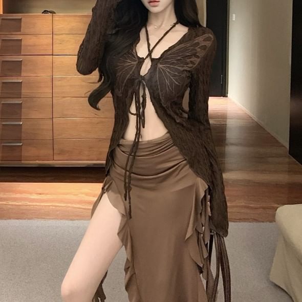 Ruffle Top Midi Trim Dress Butterfly Strapless Sleeve Long Front Tie Bodycon Print / V-Neck Plain