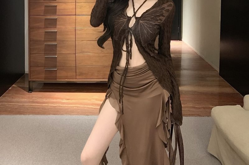 Ruffle Top Midi Trim Dress Butterfly Strapless Sleeve Long Front Tie Bodycon Print / V-Neck Plain