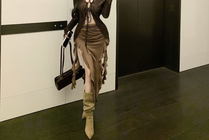 Ruffle Top Midi Trim Dress Butterfly Strapless Sleeve Long Front Tie Bodycon Print / V-Neck Plain