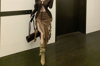 Ruffle Top Midi Trim Dress Butterfly Strapless Sleeve Long Front Tie Bodycon Print / V-Neck Plain