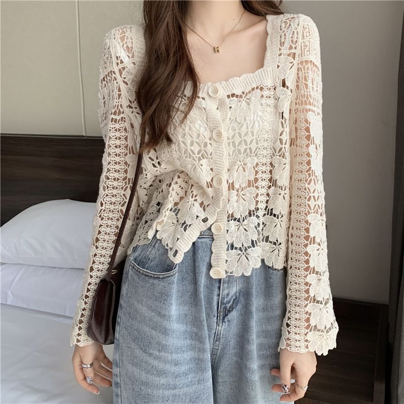 Floral Crochet Cardigan Neck Square Cropped