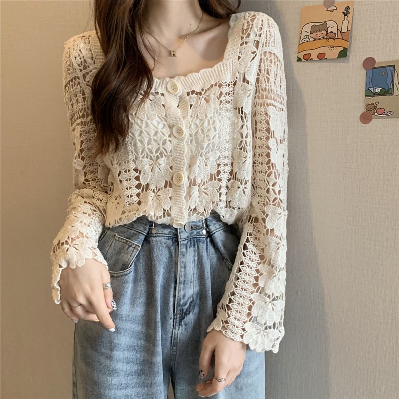 Crochet Cropped Square Cardigan Neck Floral