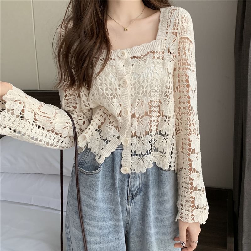 Cropped Floral Crochet Cardigan Neck Square